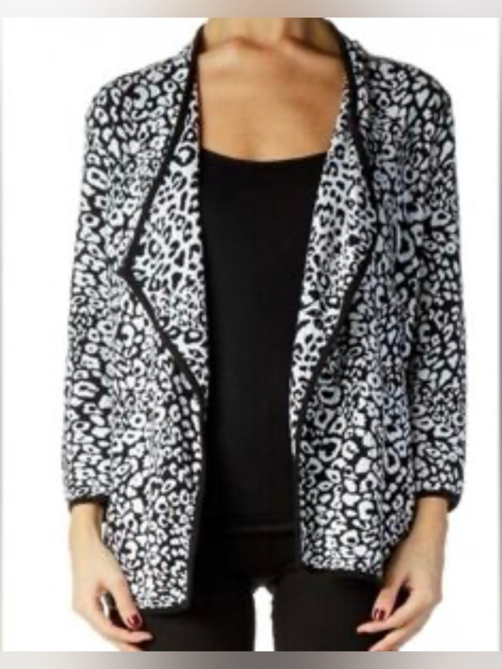 Dana Buchman Black and White Leopard-Print Open Cardigan
